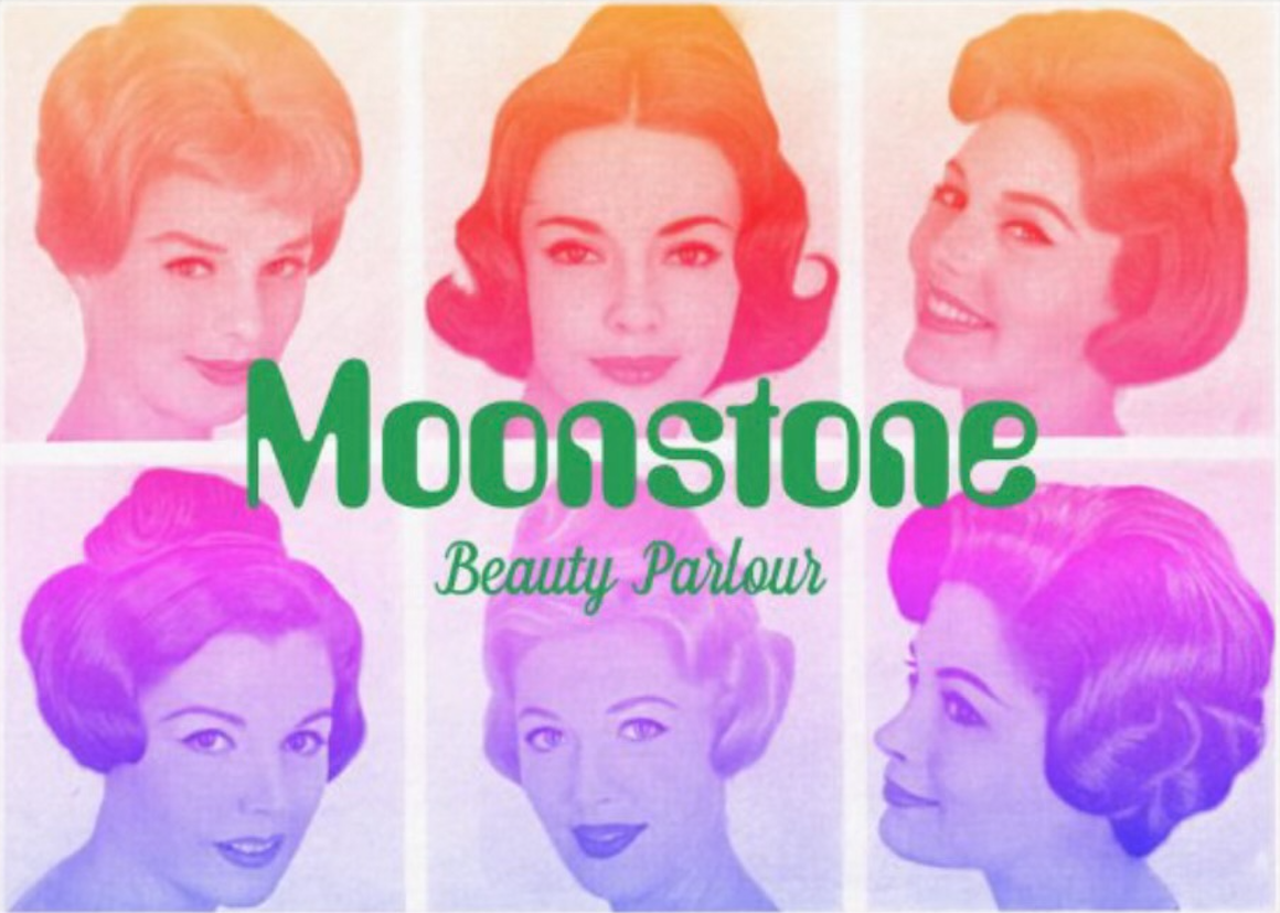 stylistic photos of women's hairstyles from the 1960s in bright colors, featuring the name "Moonstone Beauty Parlour"