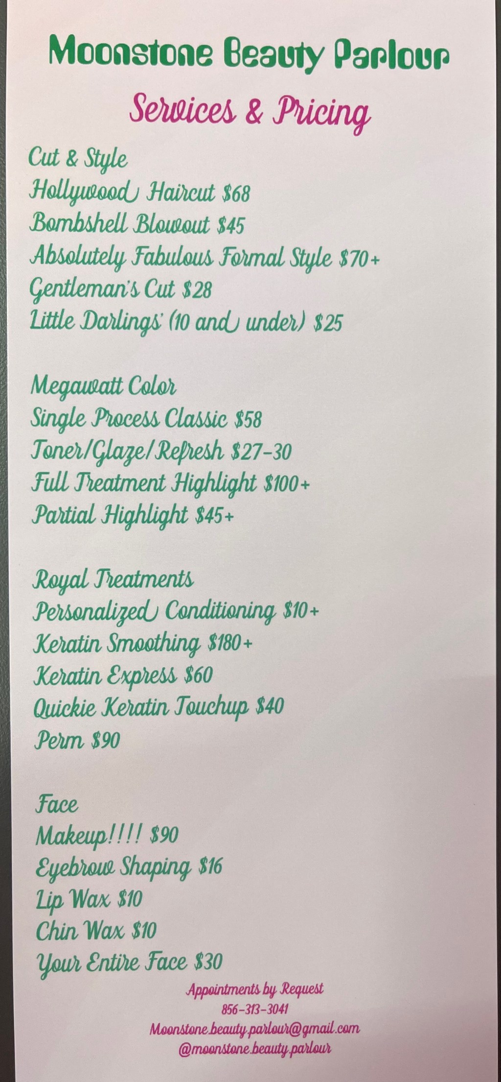 moonstone menu of services and pricing